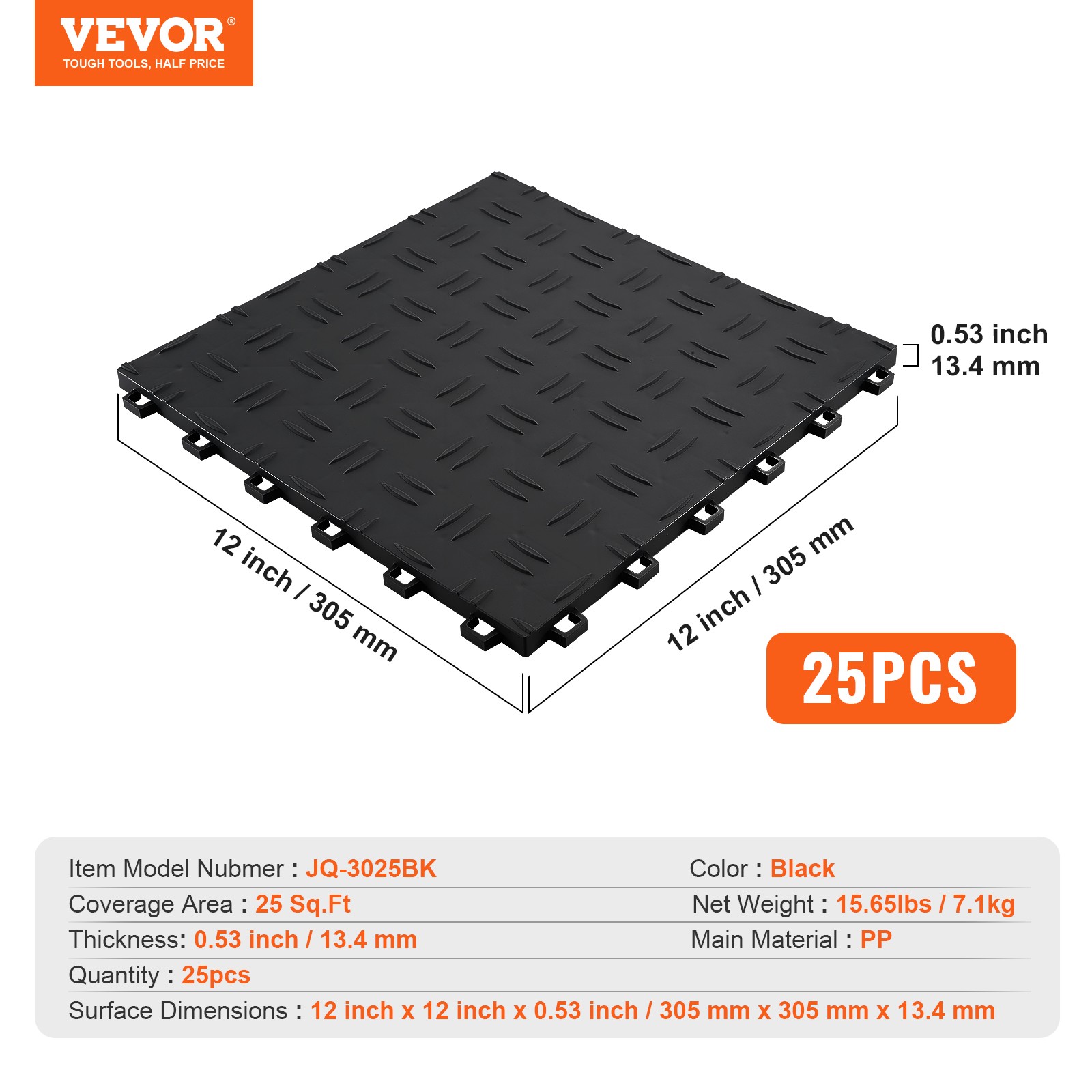 VEVOR Garage Tiles Interlocking 12×12 in 25 Pack Garage Flooring Tiles Black