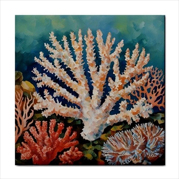Coral Reef Ceramic Tile Set of 6 Ocean Sea Art Backsplash Tiles 4.25 Inches