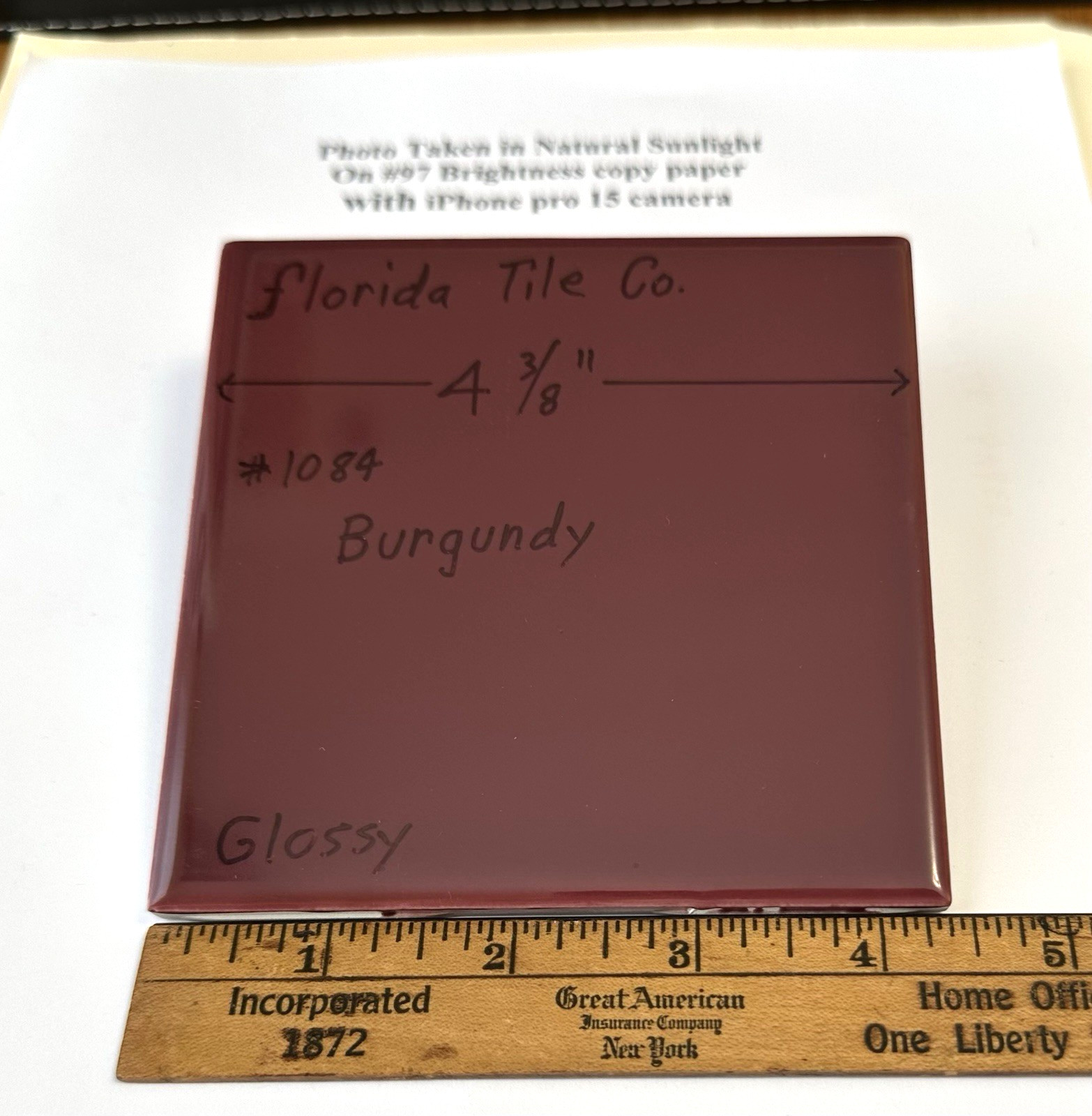 1 pc. Burgundy: 4-3/8″ Glossy Ceramic Tile by Florida Co. #1084, New Old Stock