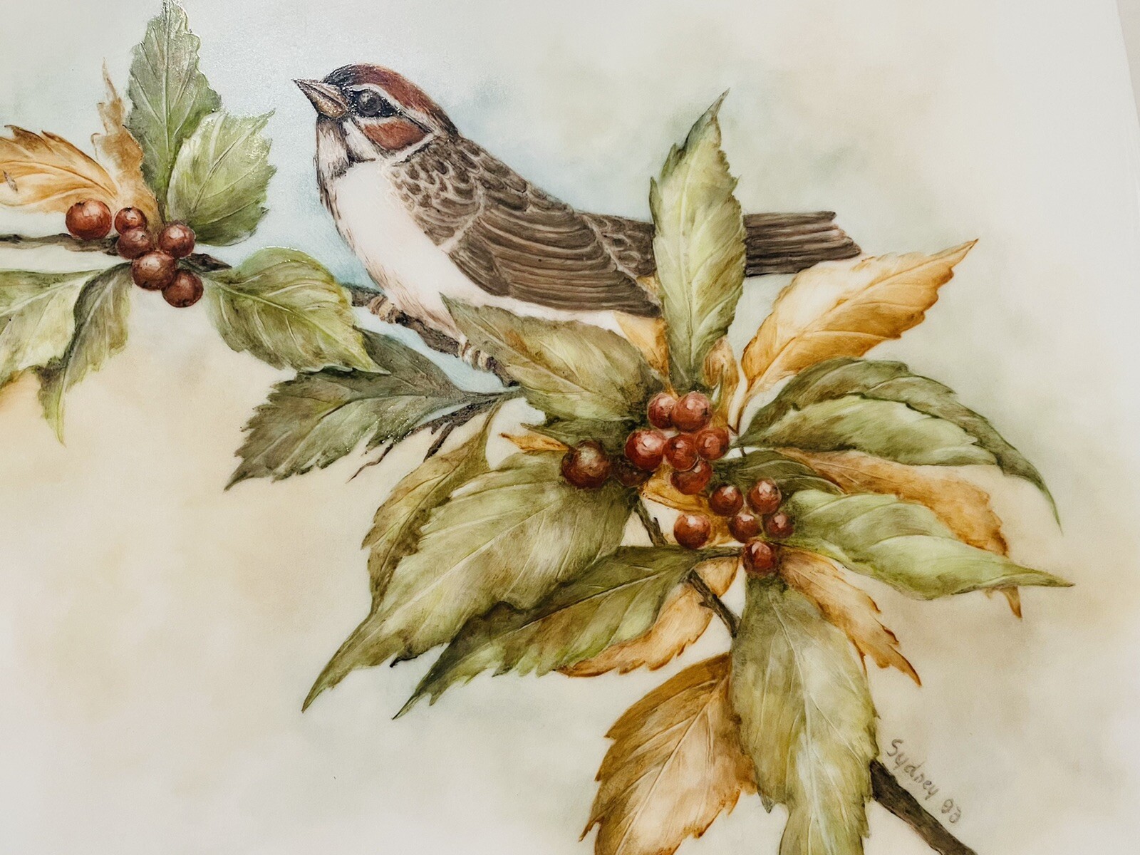 Sparrow on a Lingonberry Branch Art Border Backsplash Ceramic Craft Tile 8”x10”