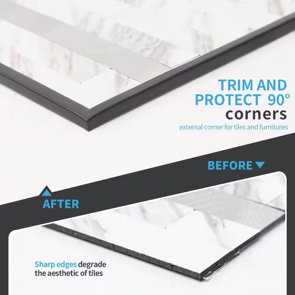 Black 20 Ft. L Glossy PVC Corner Trim Peel and Stick for Tile and Wall Edges