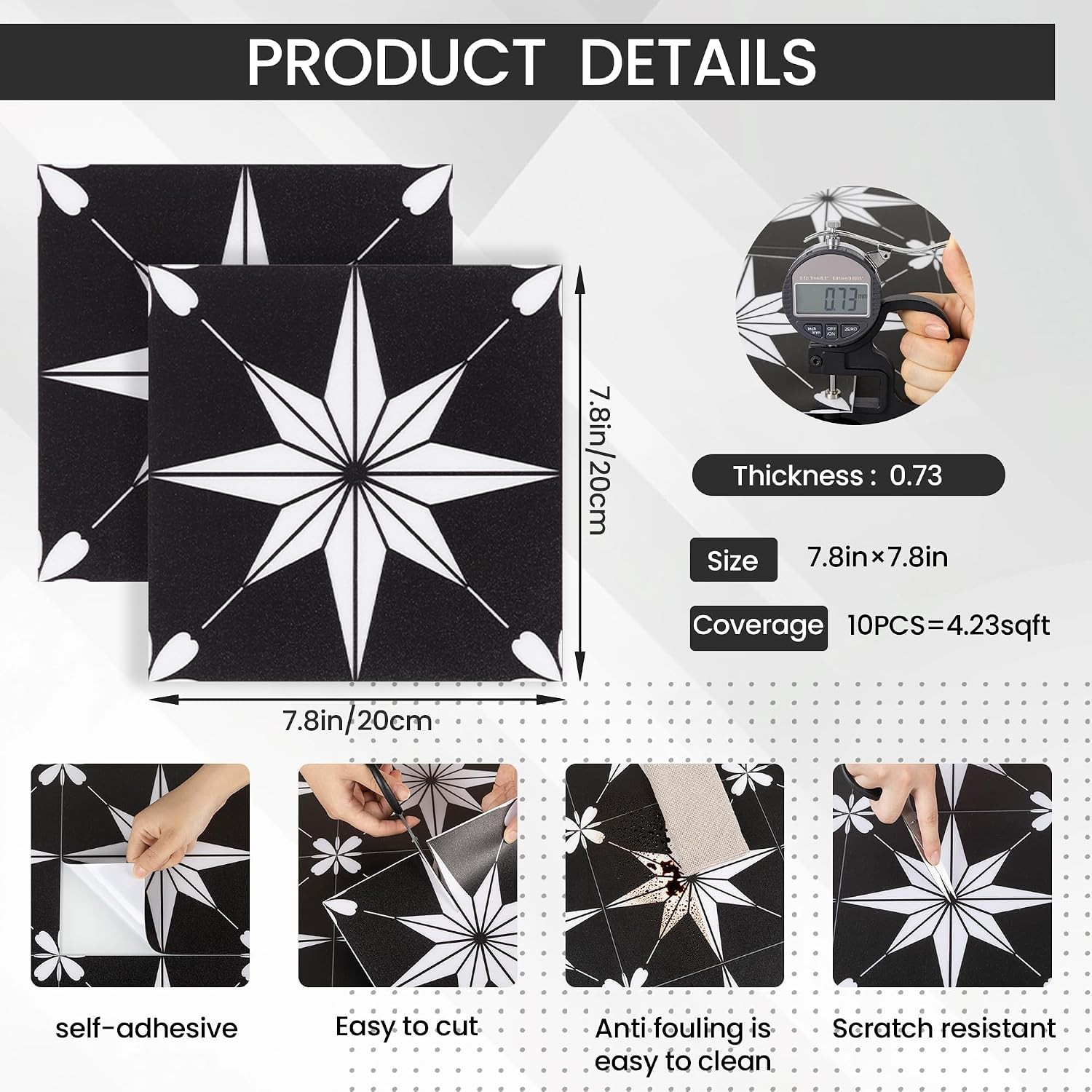 10Pcs Peel and Stick Tile 8″ x 8″, Black Peel and Stick Floor Tile Easy to