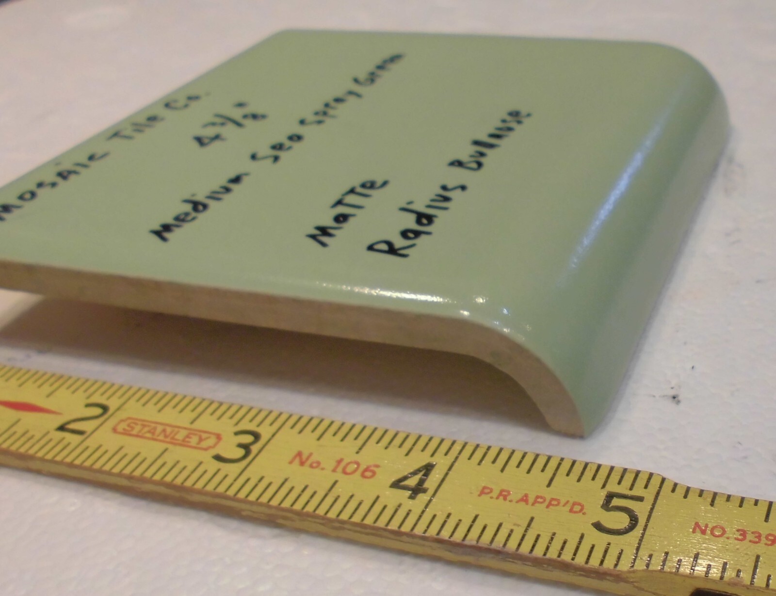 1 pc. Medium Sea Spray Green: Matte Radius Bullnose Ceramic Tile 4-3/8″ NOS