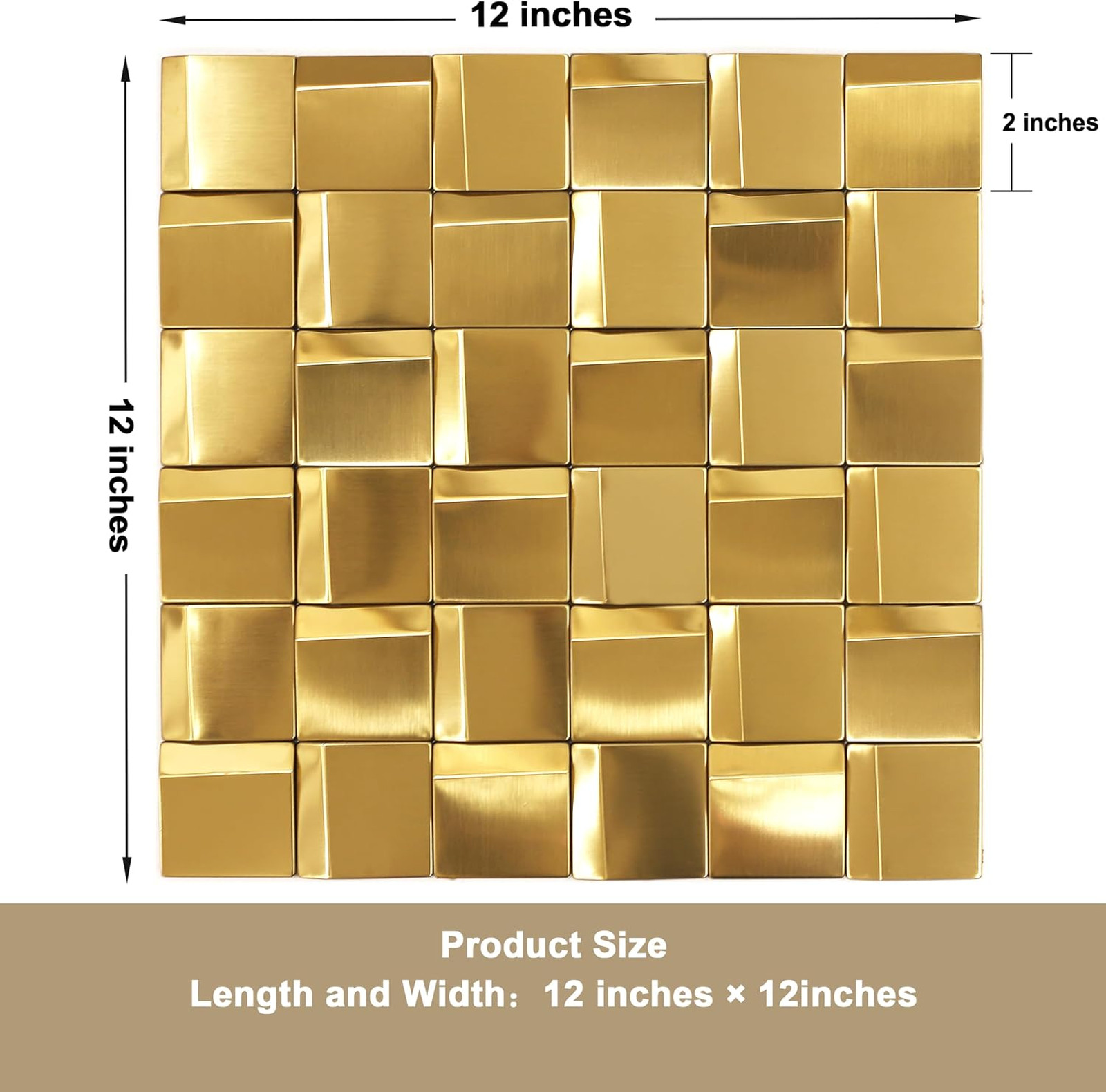 Metal Mosaic Wall Tiles, Gold 3D Backsplash Panels, 12×12 Inches, 5 Sheets