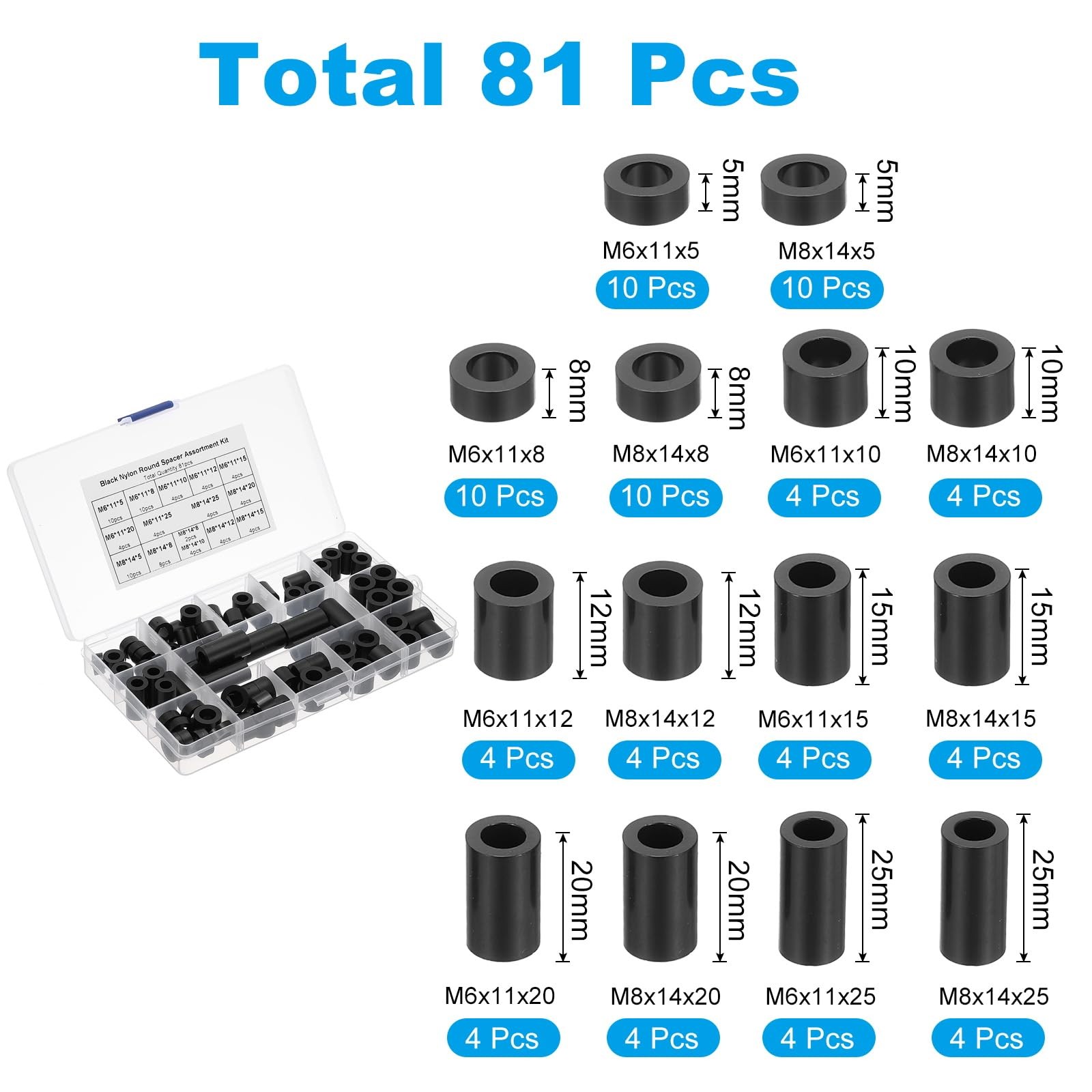 PATIKIL M6 M8 Nylon Spacer, 81Pcs Round Spacer Standoff 11 millimeters, Black
