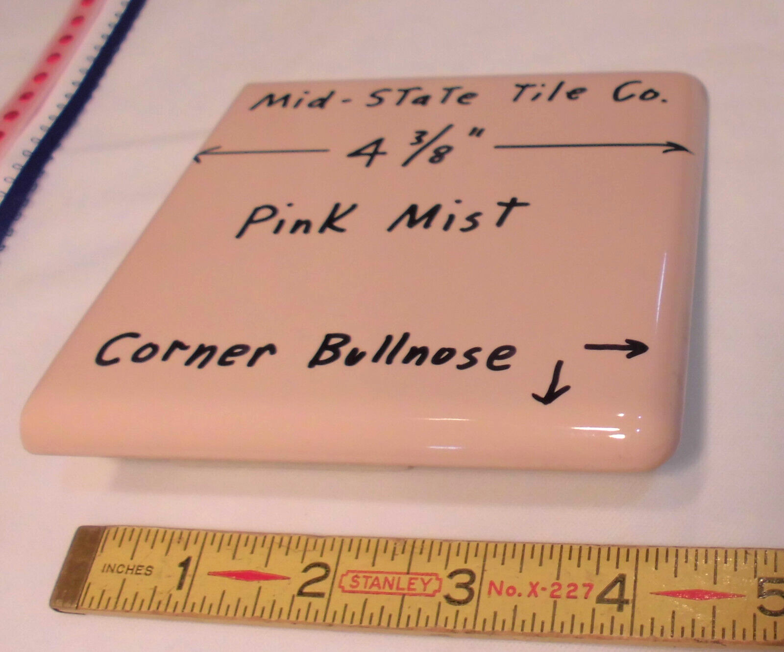 1 pc. “Glossy Pink Mist” Corner Bullnose Ceramic Tile 4-3/8″ by Mid-State Co.