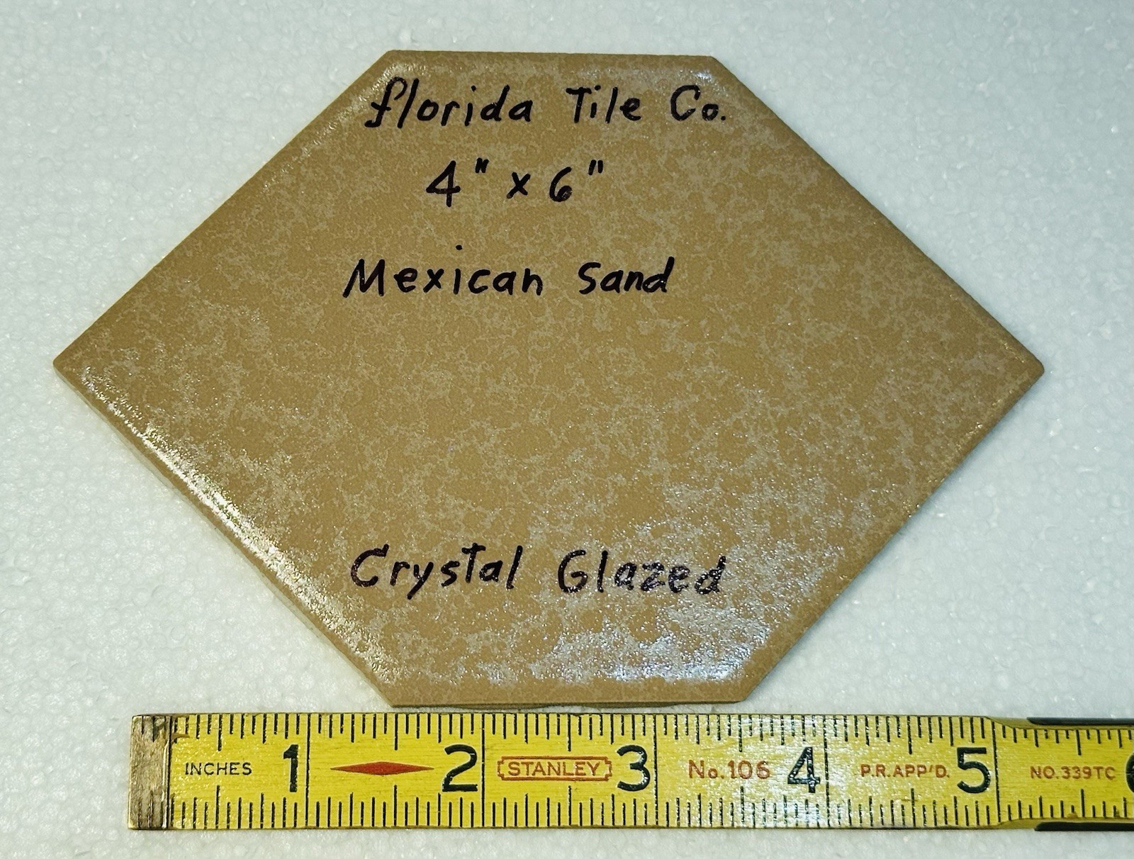 1 pc. Light Brown: Hexagon 4″ X 6″ Ceramic Tile: Crystal Glazed, Florida Co. NOS