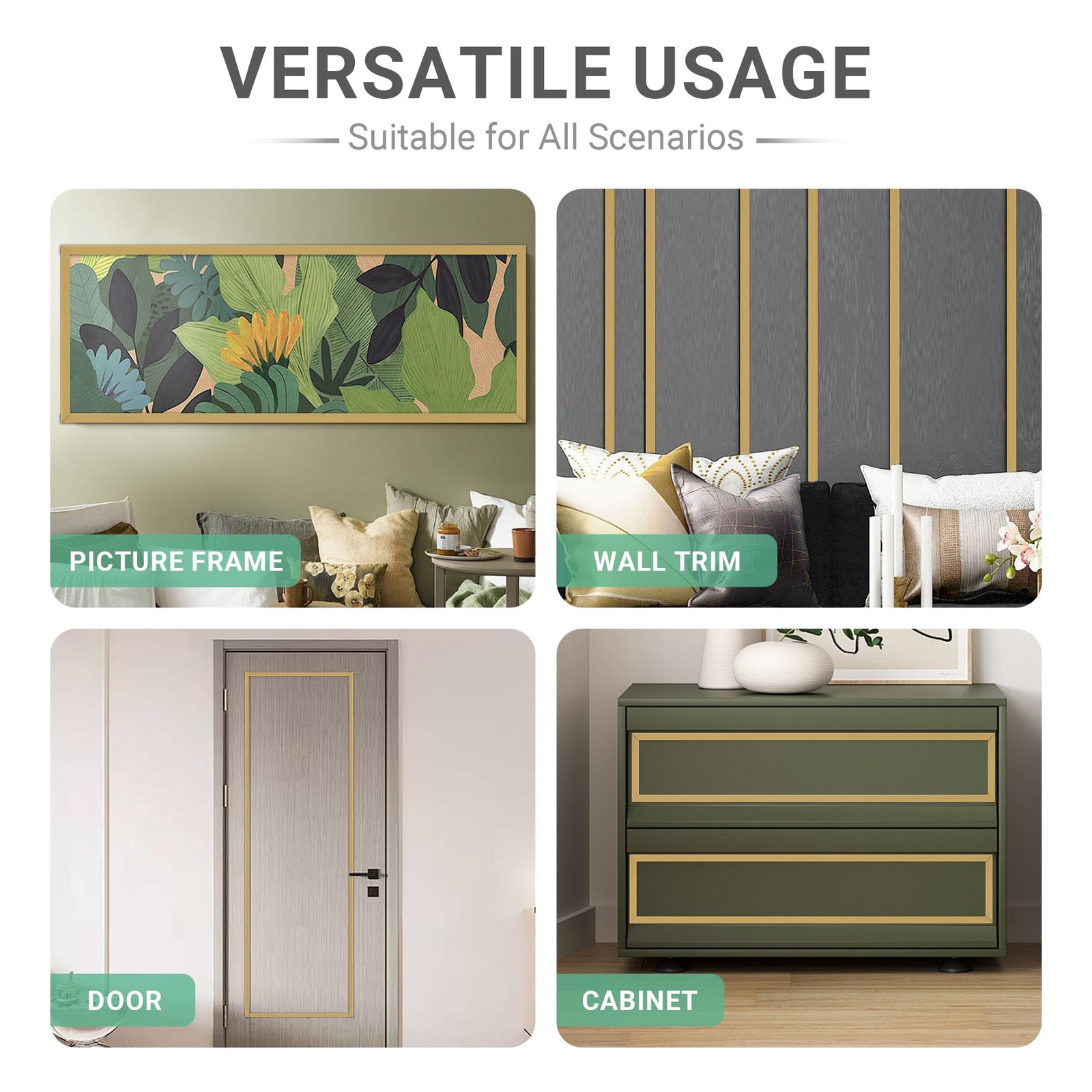 196.8″ x 1.5″ Matte Gold Molding & Wall Trim, Flexible Peel and Stick Decorat…