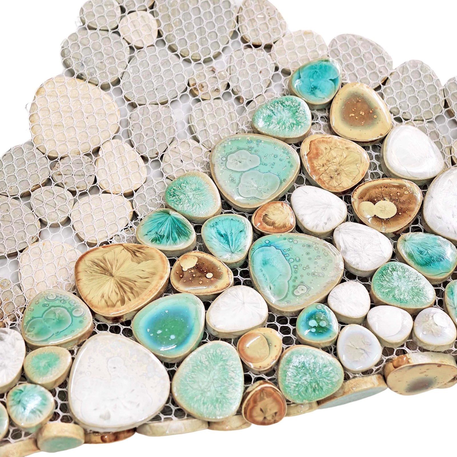 Ceramic Pebble Mosaic Tile Aqua Beige White Glossy Wall Backsplash Bathroom