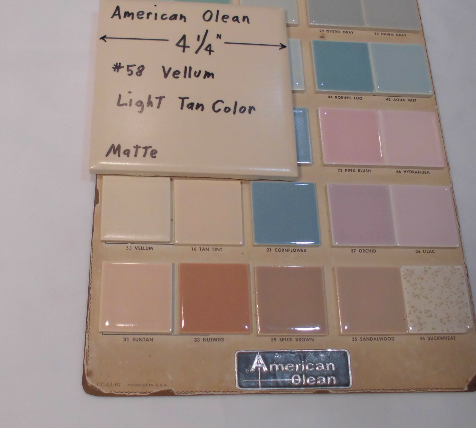 1 pc. Vintage Ceramic Tile *Matte Vellum* by American Olean Co. 4-1/4″ Light Tan