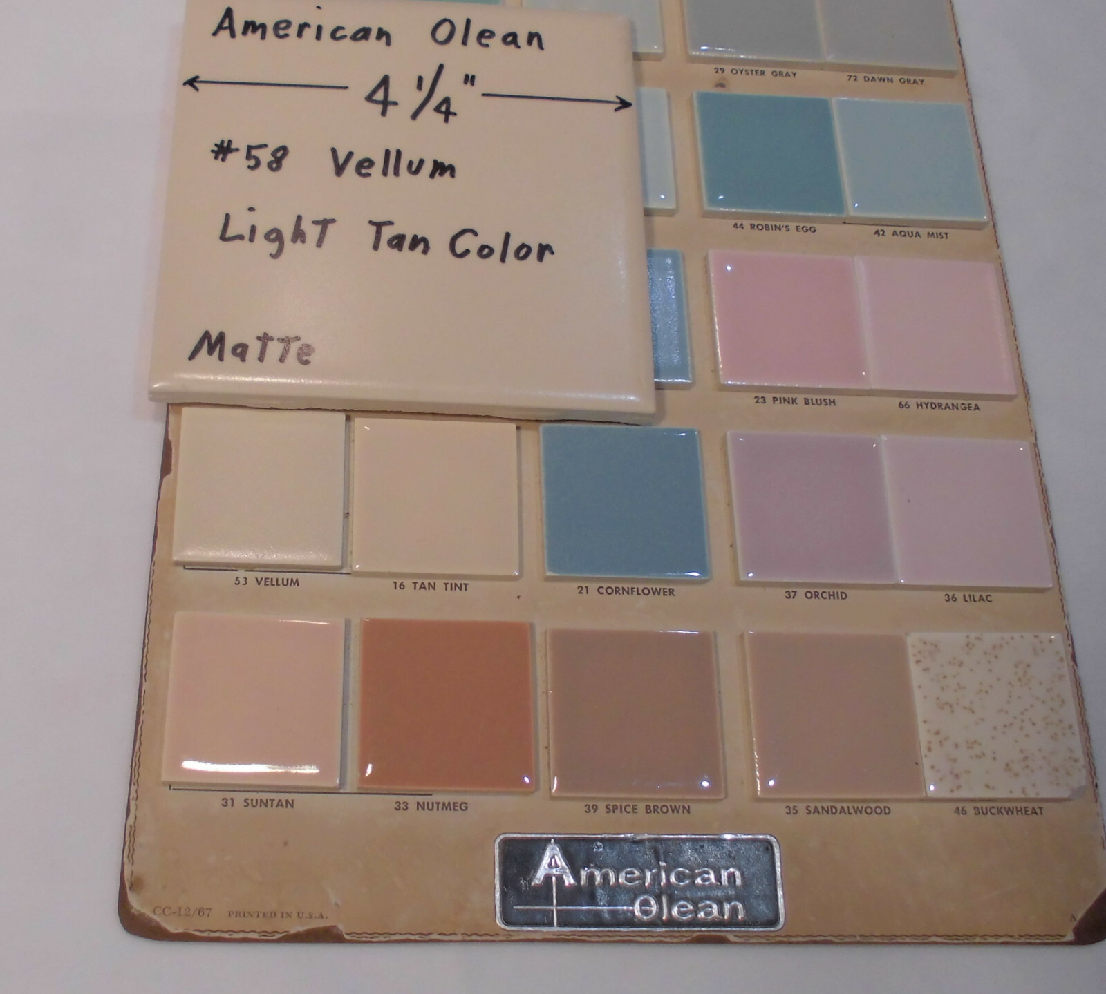1 pc. Vintage Ceramic Tile *Matte Vellum* by American Olean Co. 4-1/4″ Light Tan