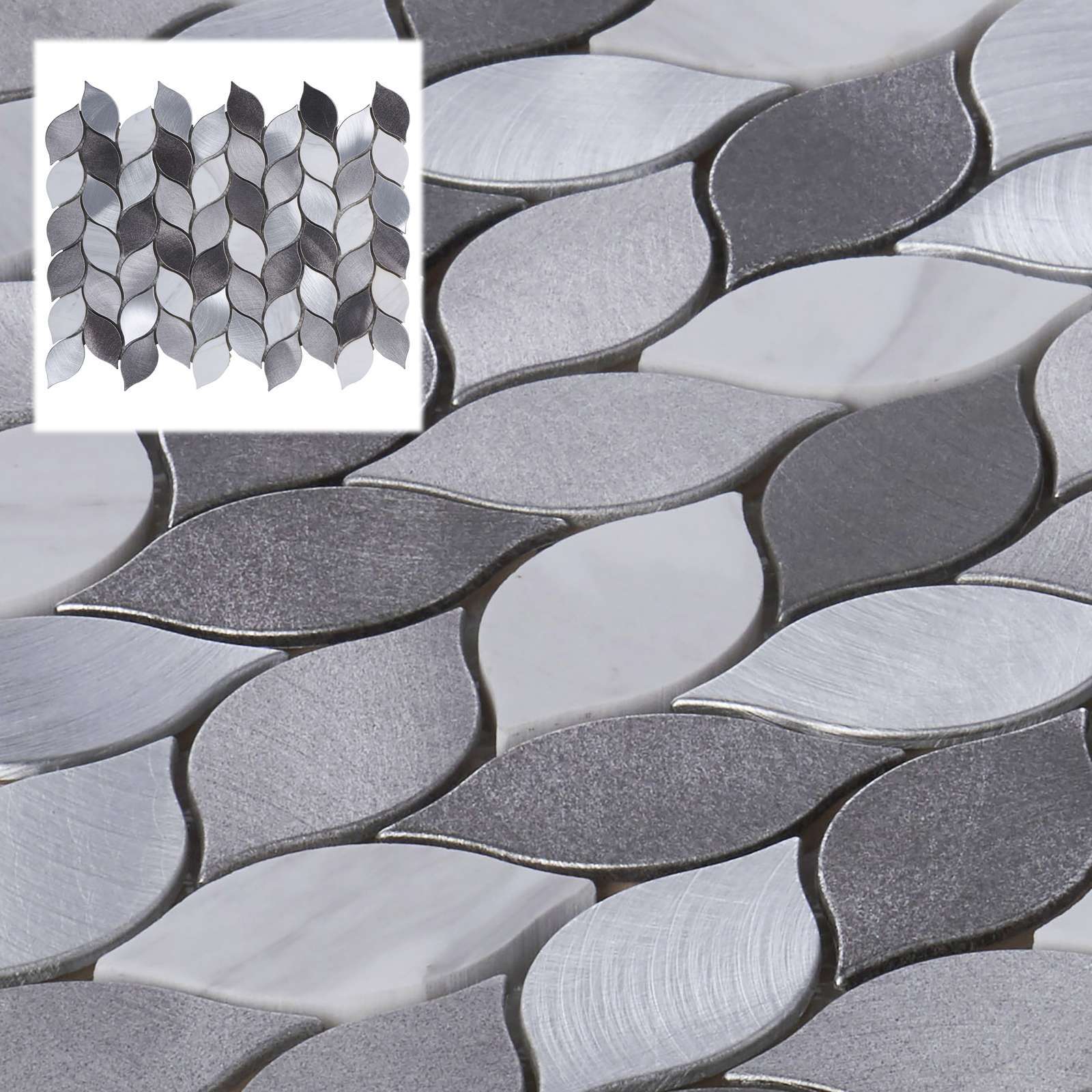 Modern Gray Metallic Blended Natural Stone Leaves Pattern Mosaic Backsplash Tile