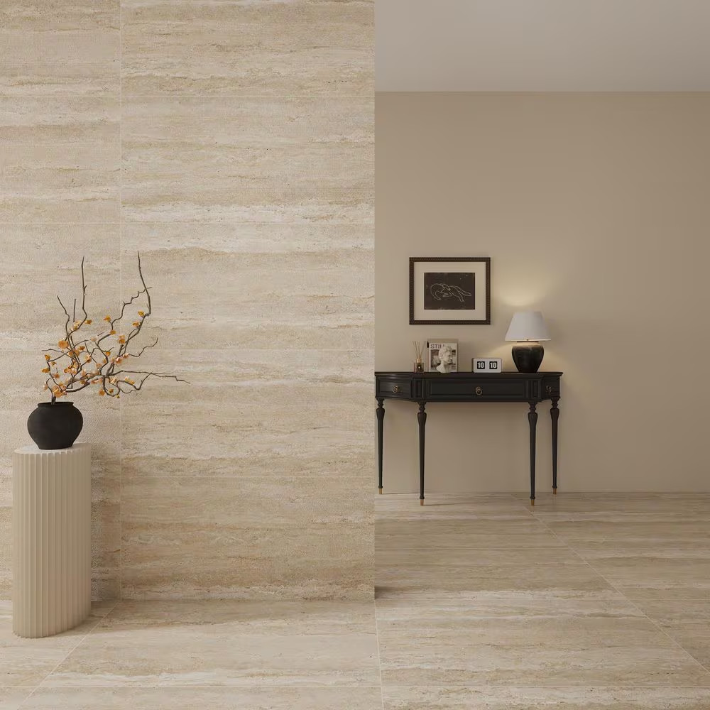 American Travertine Beige 24 In. X 48 In. Chiseled 3D Porcelain Large Format Wal