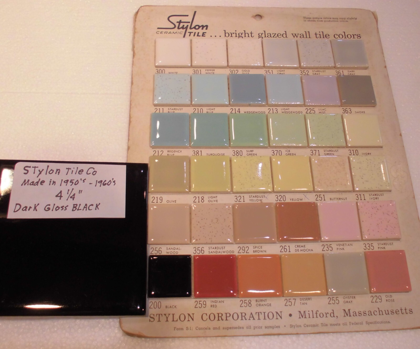 1 pc. Dark Gloss Black: 4-1/4″ Ceramic Tile by Stylon Co. Made in 1950’s -60’s
