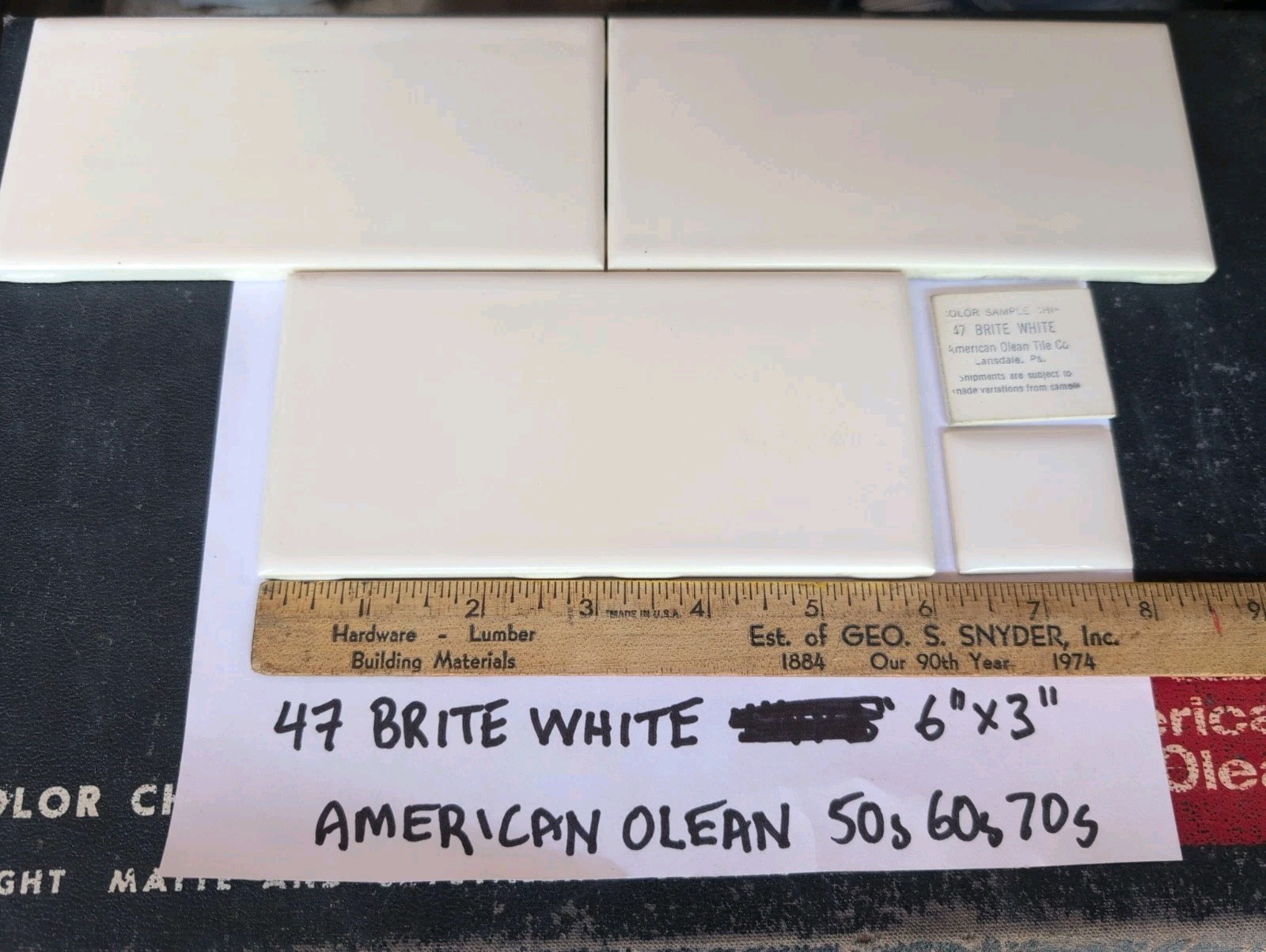 2 pcs American Olean Ceramic Tile Gloss Brite White #47 6″x3″ Subway 1960s 70s