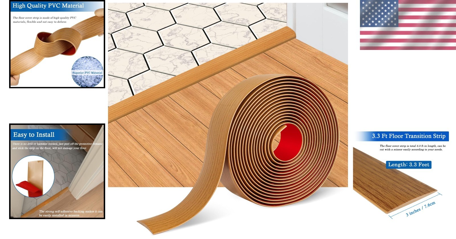 Elegant Wood Grain Self-Adhesive Floor Transition Strip 3″ Wide – Light Brown