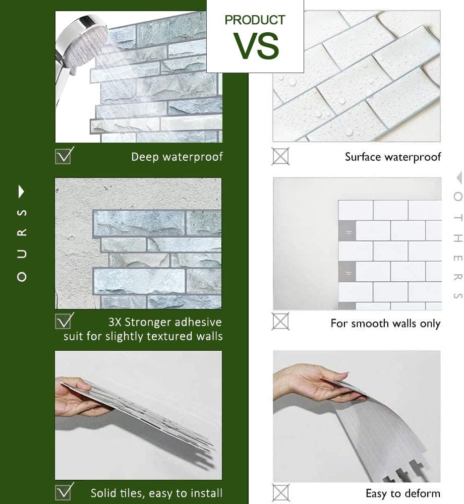 10-Sheet Peel and Stick Backsplash, 12”X12” Self Adhesive Wall Tiles