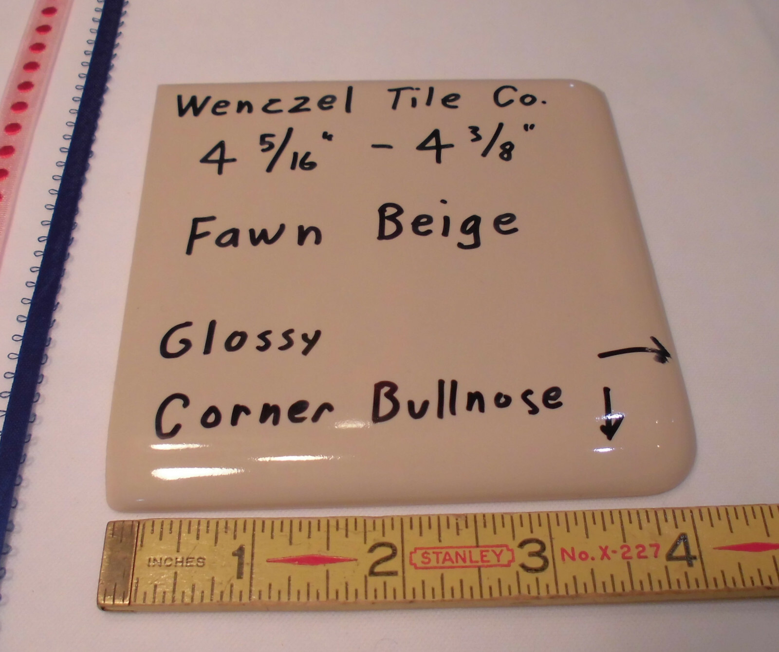 1 pc. Fawn Beige: Gloss Ceramic Corner Bullnose Tile by Wenczel Tile 4-5/16″