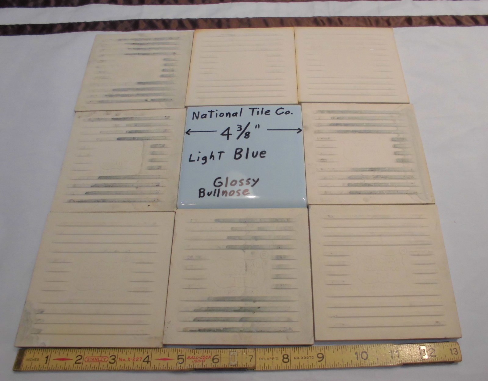 1 pc. Vintage *Light Blue* 4-3/8″ Glossy Ceramic Bullnose by National Tile Co.