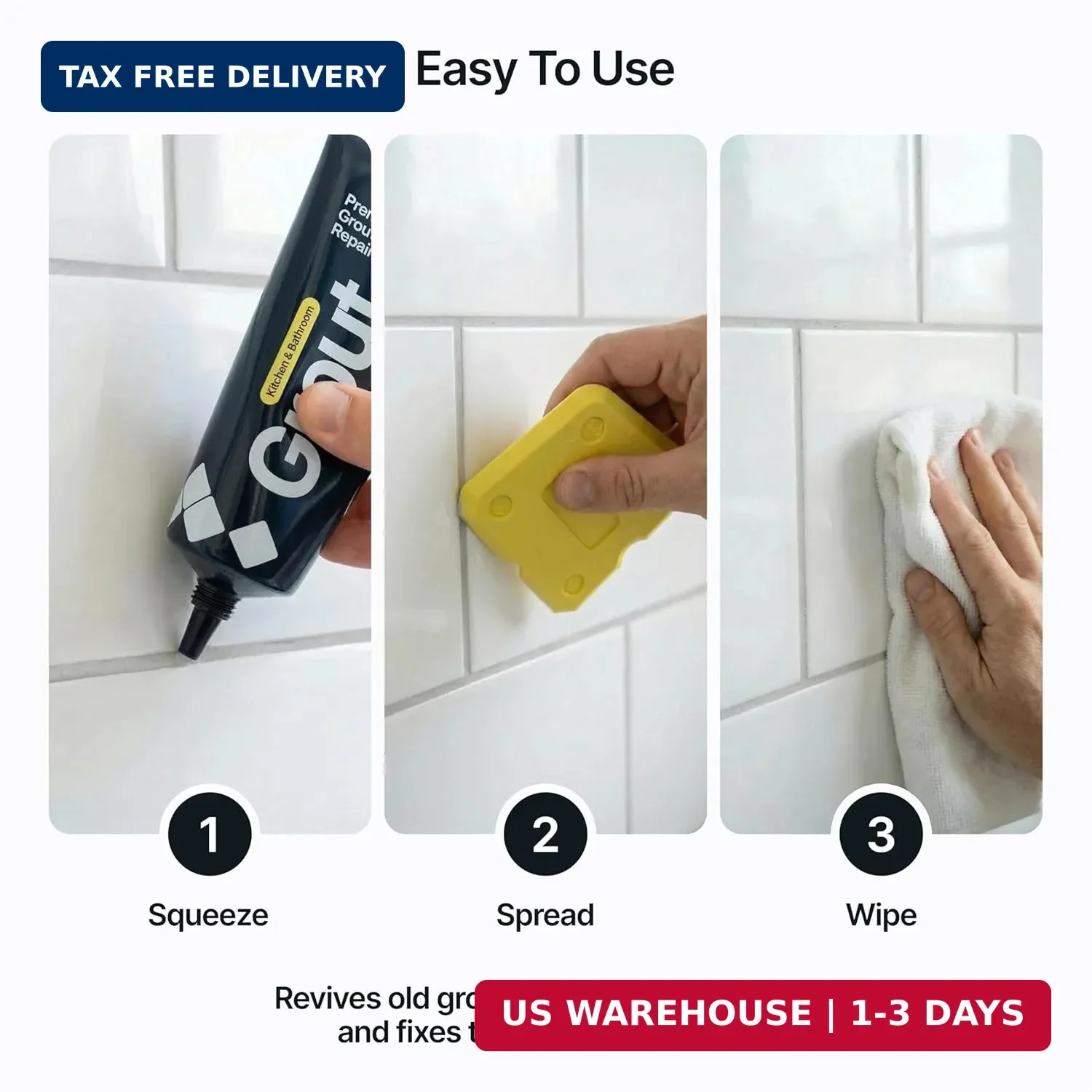 Hemway Light Grey Grout Reviver Kit 400g Tile Repair w/4 Tool Set