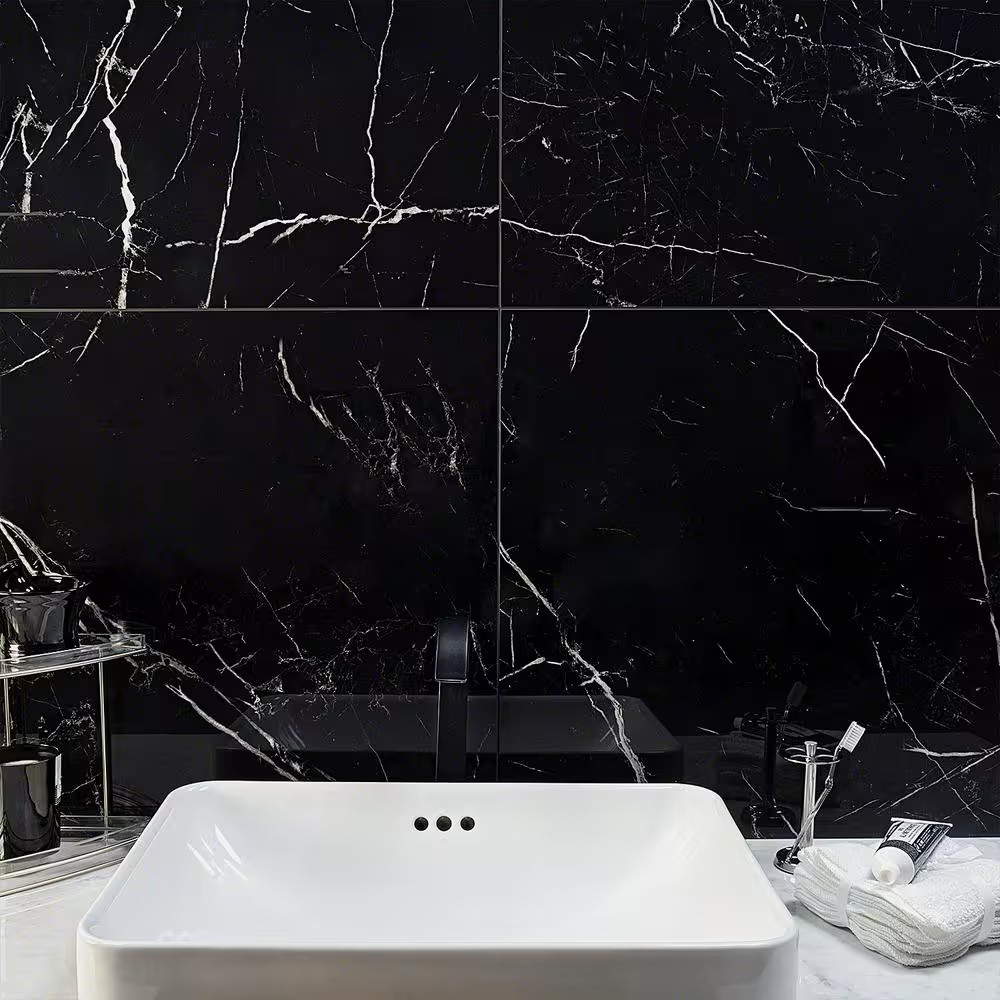 Marmo Black 23.62 In. X 23.62 In. Polished Marble Look Porcelain Floor and Wall