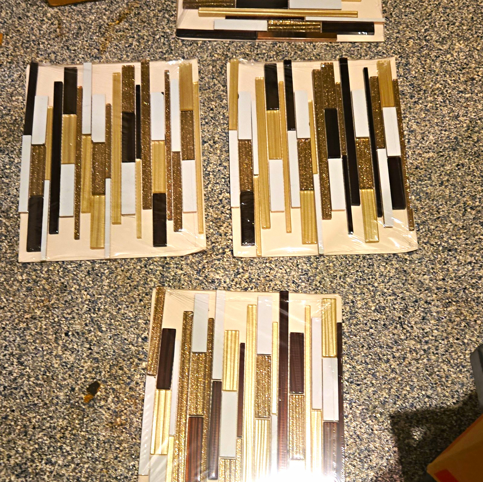 4 Glass Mosaic Tile Sheet Gold/Brown/White Stripe 12 By Glossy Wall, Modern