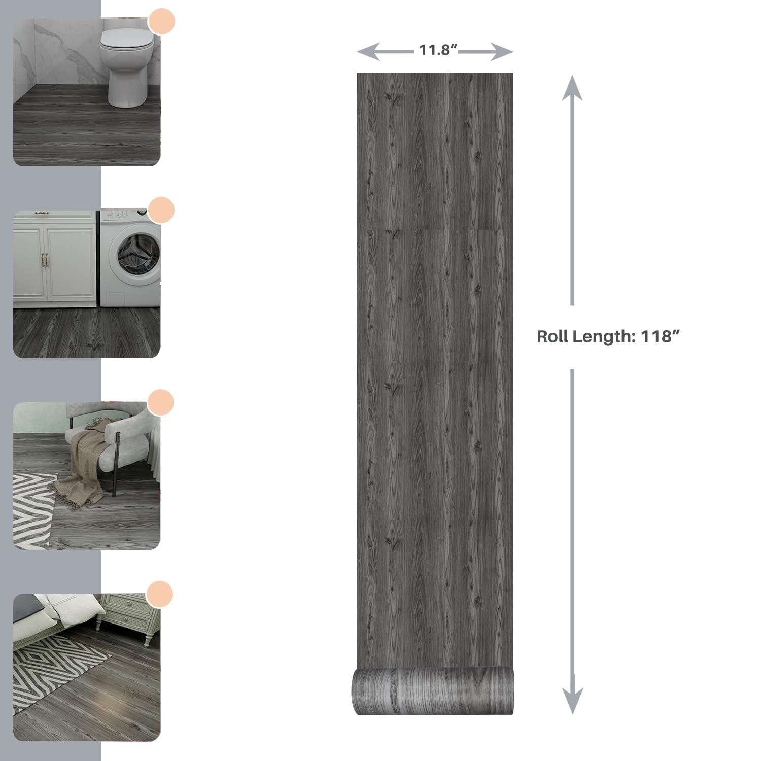 Peel and Stick Floor Tile – 11.8″ X 118″ Grey Vinyl Flooring Roll, Wood Grain…