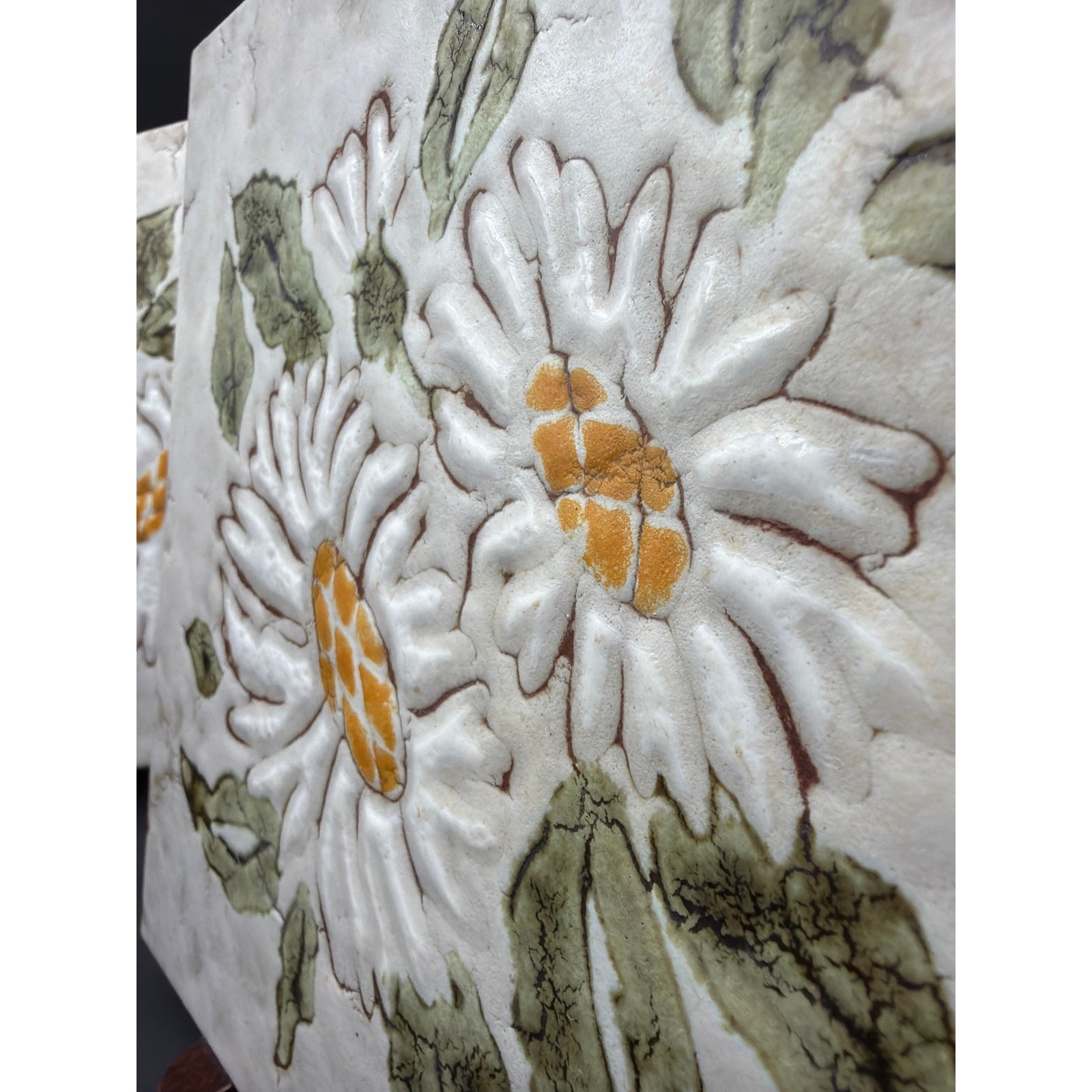 Set of 3 Vintage Hand Painted Italian Ceramic Art Tiles 8×8 White Daisy Floral