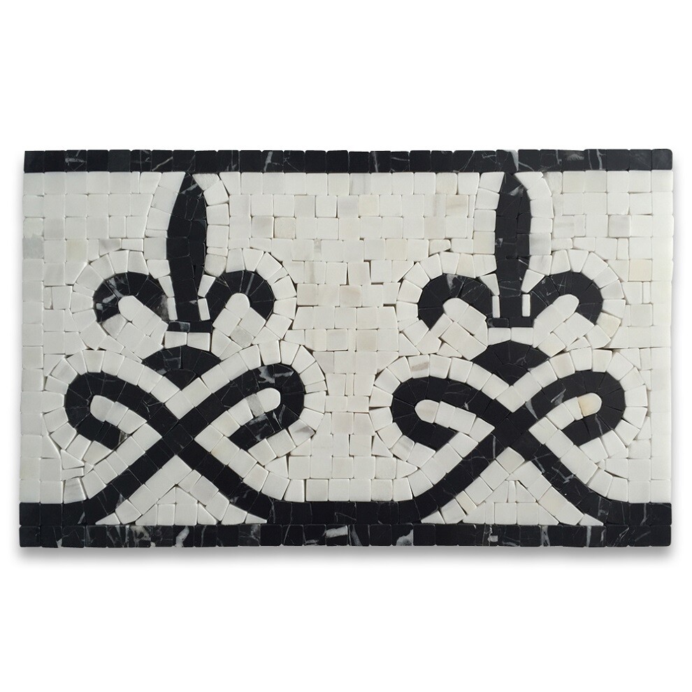 B0031P Marble Mosaic Border Listello Accent Tile Fleur Nero 7.1×11.8 Polished