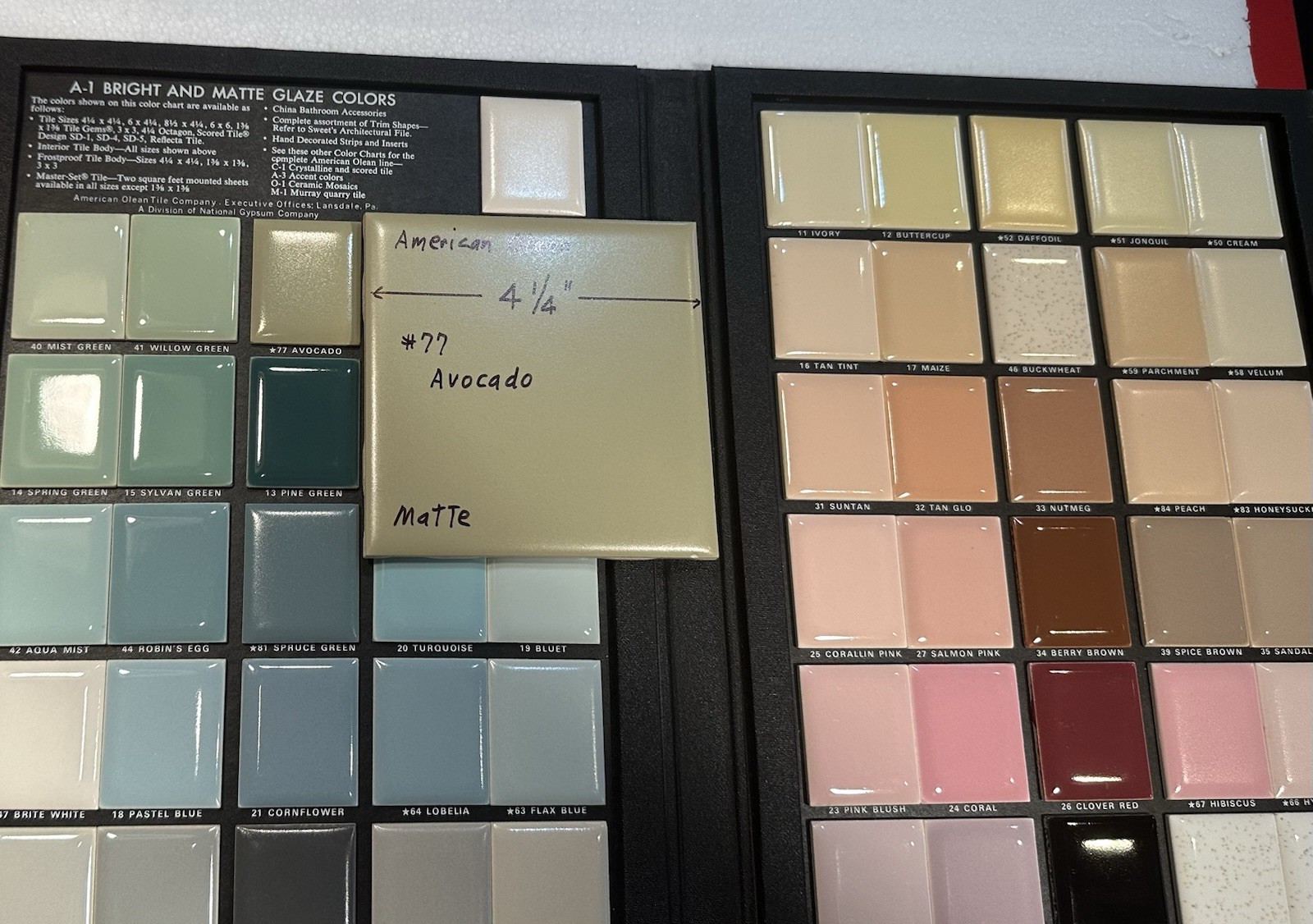 1 pc. Avocado Green: 4-1/4″ Matte Ceramic Tile #77 by American Olean Co. New