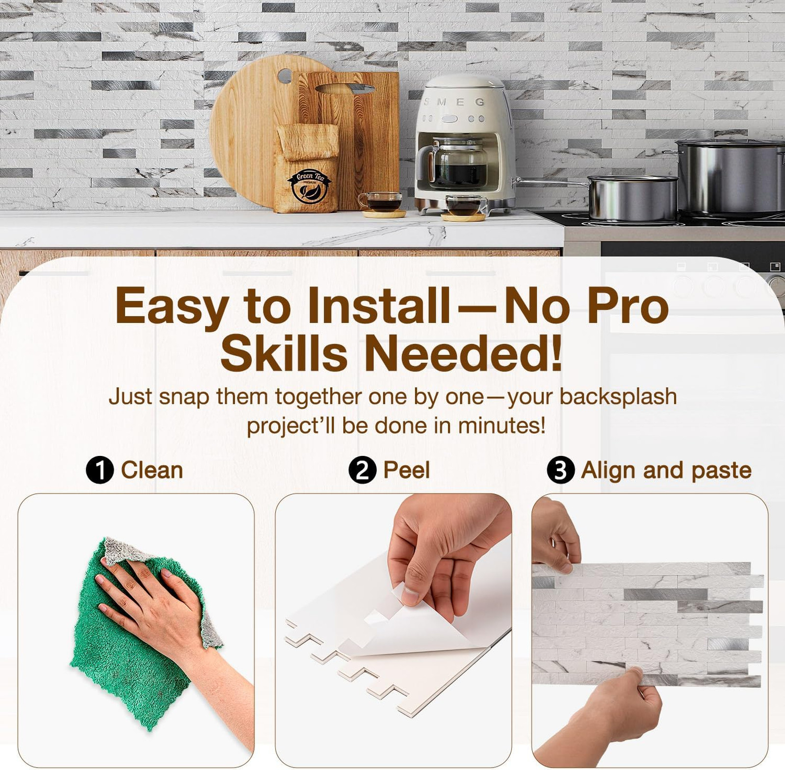 Peel and Stick Backsplash Tile Waterproof PVC Wall Sticker 3D Faux Stone Marble
