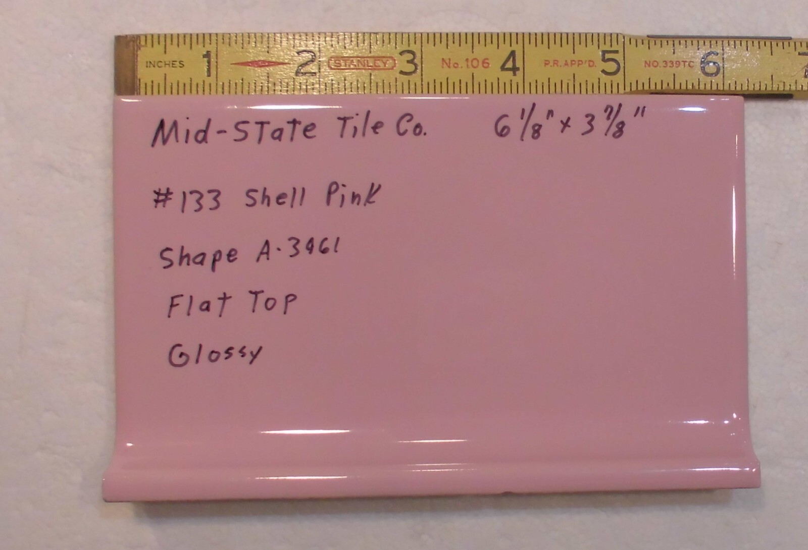 1 pc. Shell Pink: 4” X 6” Glossy Ceramic Cove Base Tile by Mid-State: Flat Top