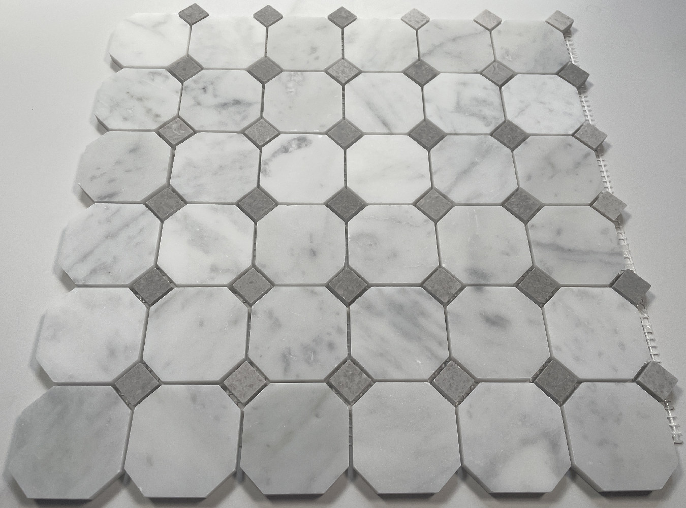 C803XH Octagon Mosaic Carrara Marble White Bianco Tile Gray Dots Honed 2″