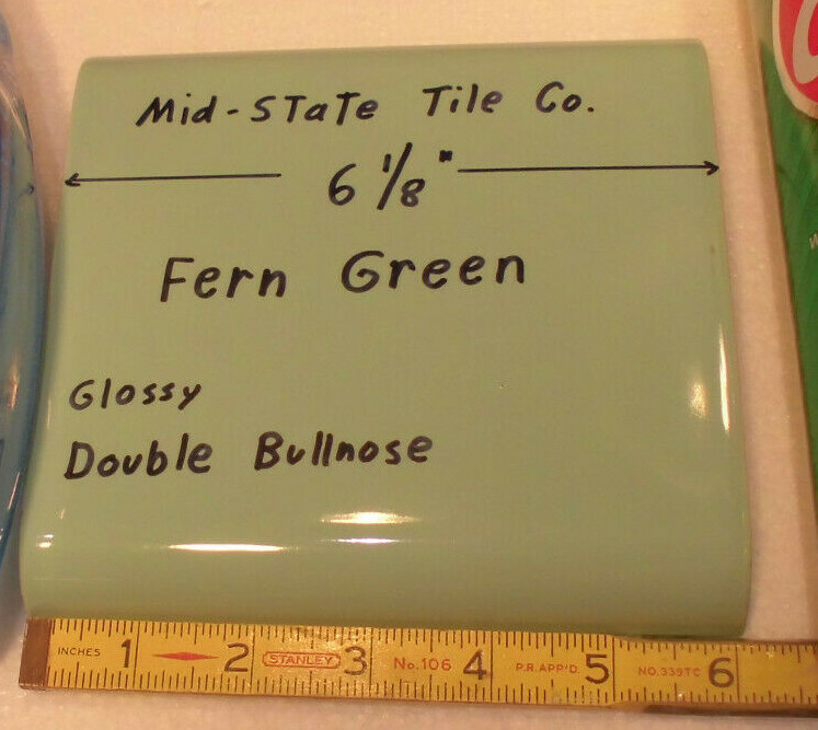 1 pc. Fren Green 6″ x 6″ Double Radius Bullnose Glossy Ceramic Tile: NOS