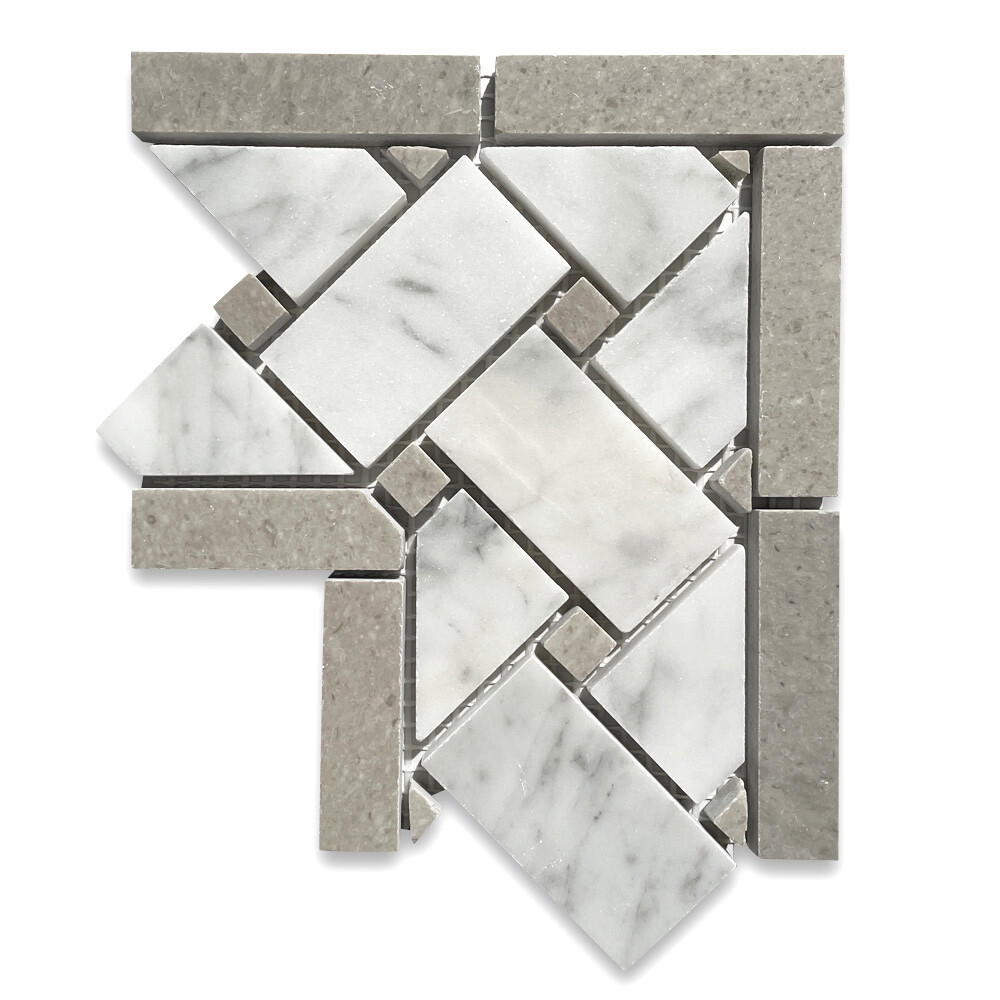 C653CXP Carrara White Marble 4×4 Basketweave Mosaic Corner Gray Dots Polished