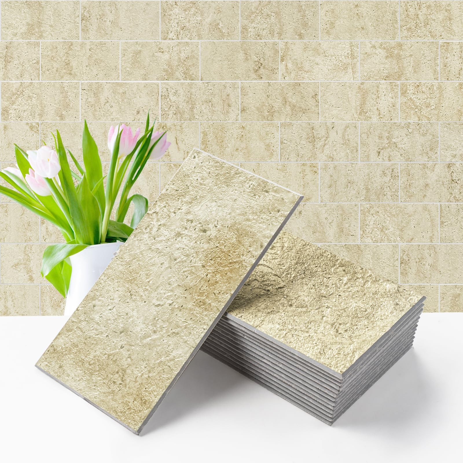 100-Piece Peel and Stick Backsplash Seamless Tile,3”x6” Textured Beige Trav…
