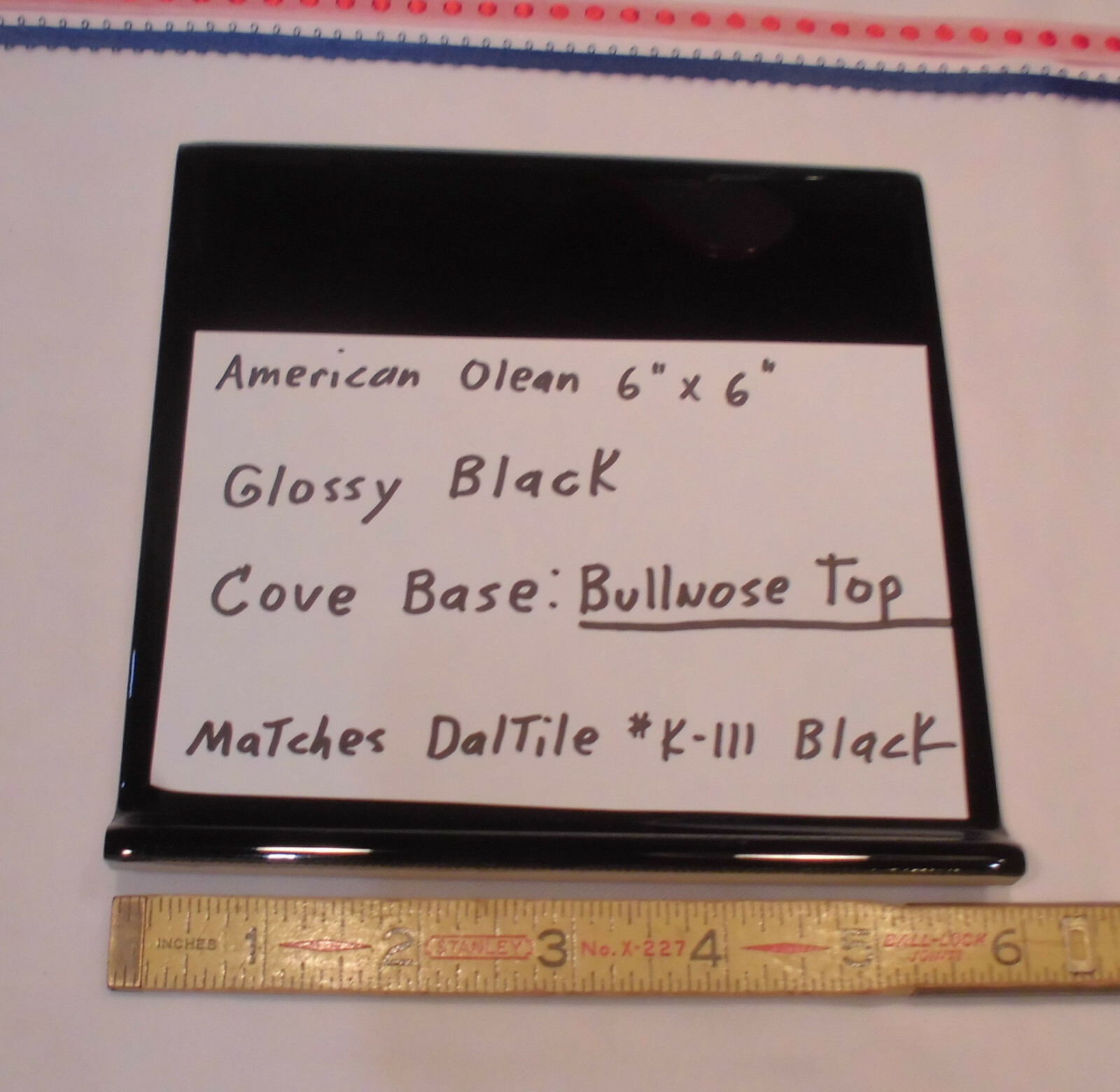 1 pc. Glossy Black Bullnose Top: base/cove Ceramic Tile 6″ X 6″ NEW-STOCK