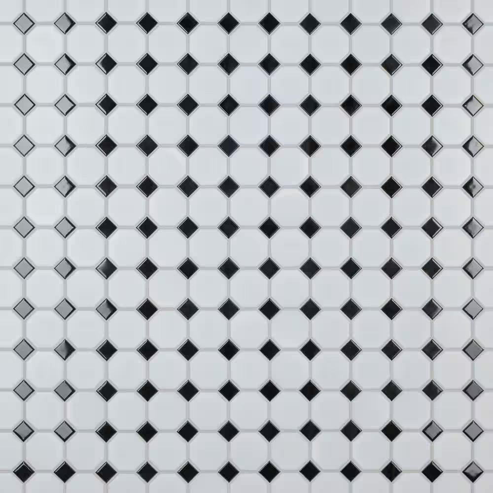 Metro Octagon Matte White with Black Dot 11-1/2 In. X 11-1/2 In. Porcelain Mosai