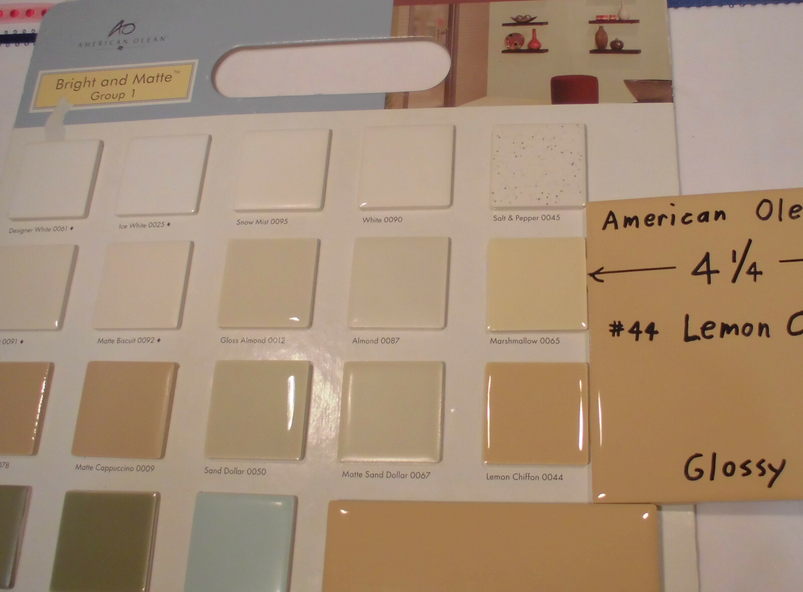 1 pc. Glossy Ceramic Tile *Lemon Chiffon #44* by American Olean 4-1/4″ Mustard