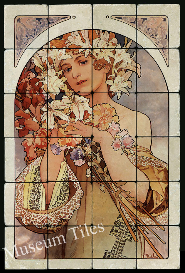 16×24 Alphonse Mucha FLOWER Art Nouveau Tumbled Marble Tiles