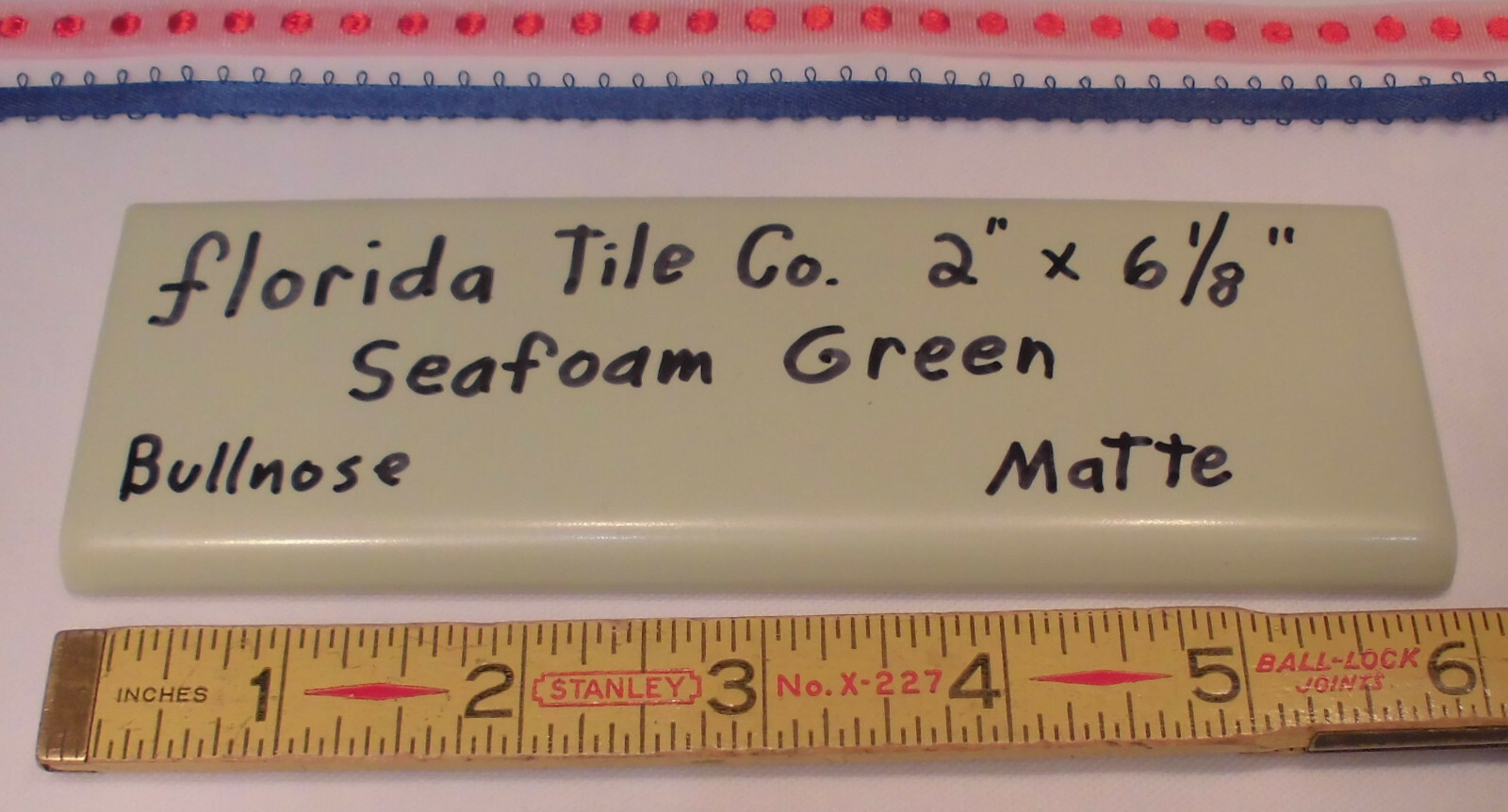 1 pc. Florida Tile Co. *Seafoam Green* Bullnose Ceramic Tile, flat surface type