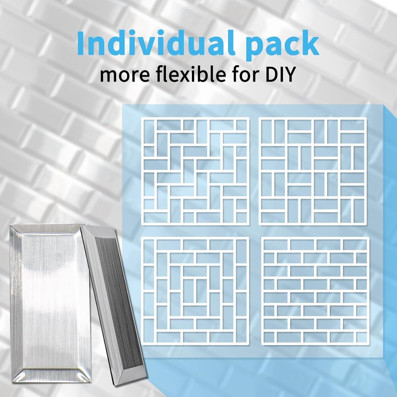Modern Stainless Stick-On Subway Tiles, 100-Pcs, 3D Texture//