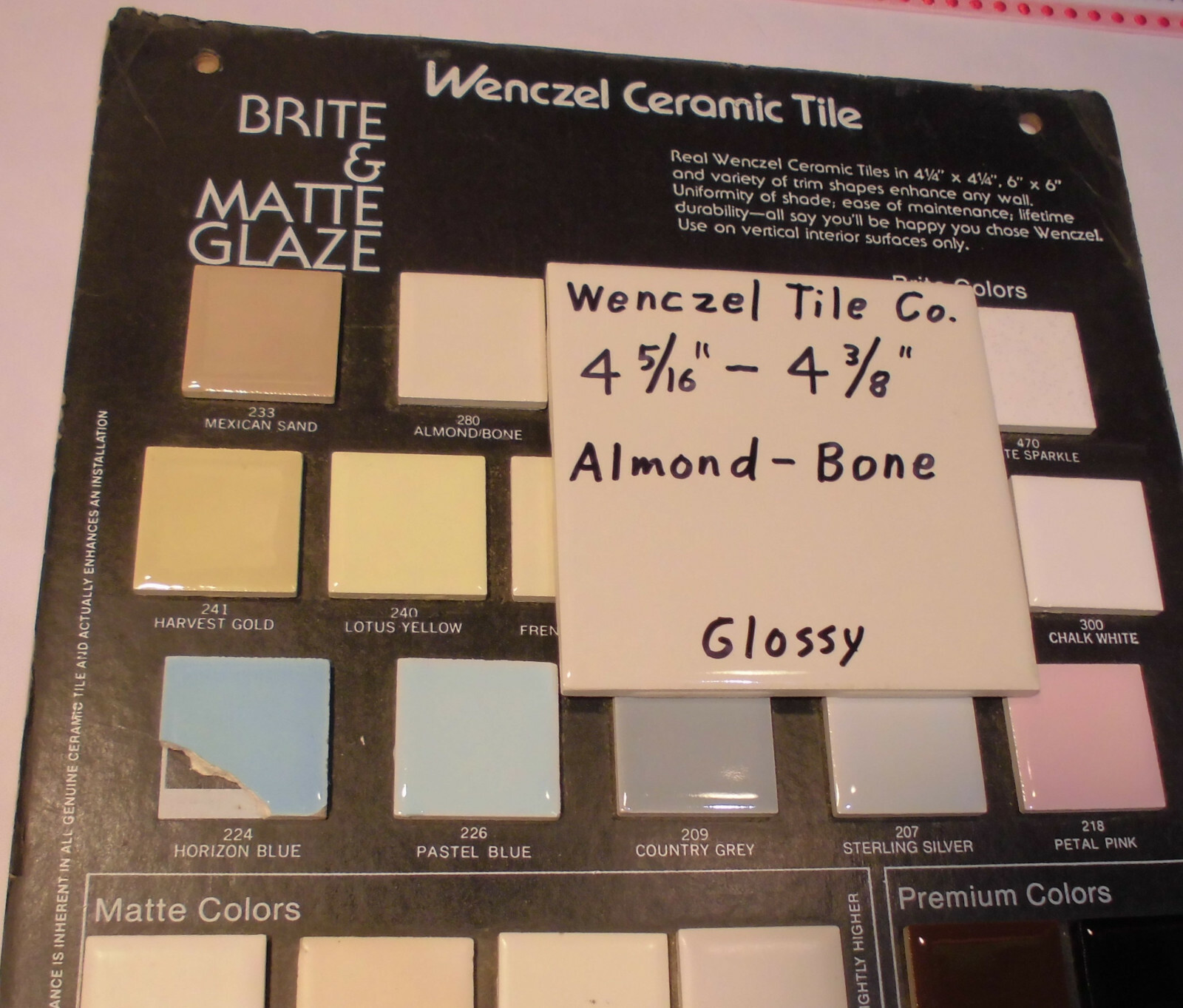 1 pc. *Almond – Bone* Glossy Ceramic Tile by Wenczel Tile Co. 4-5/16″- 4-3/8″