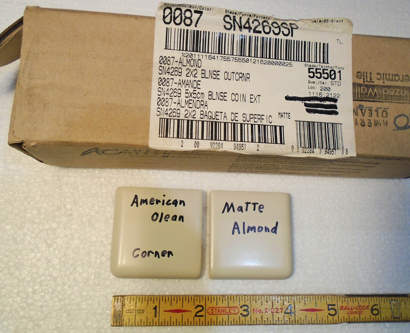 2 pcs. Matte Almond 2″ X 2″ X 5/16″ Ceramic Surface Bullnose Corner Tiles; NEW
