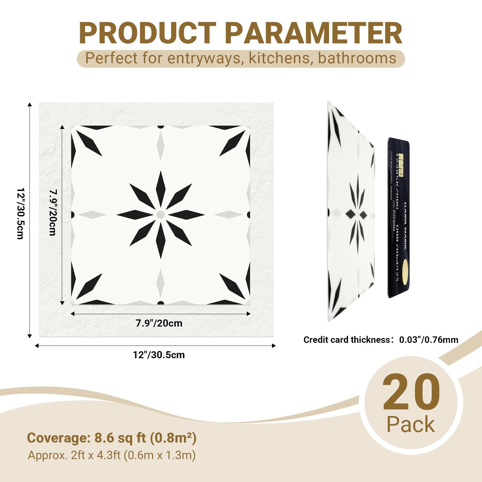 20 PC Peel And Stick Floor Tile 7.9×7.9 Inch Vinyl Waterproof Durable Decor