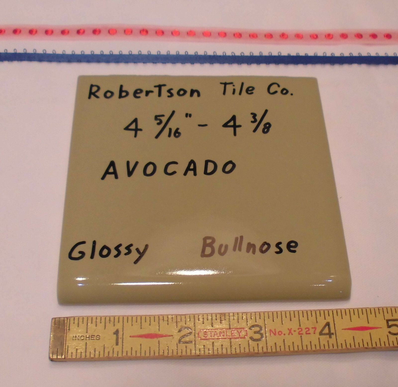 1 pc. *Avocado – Green* Vintage Glossy Ceramic Bullnose Tile 4-5/16” Robertson