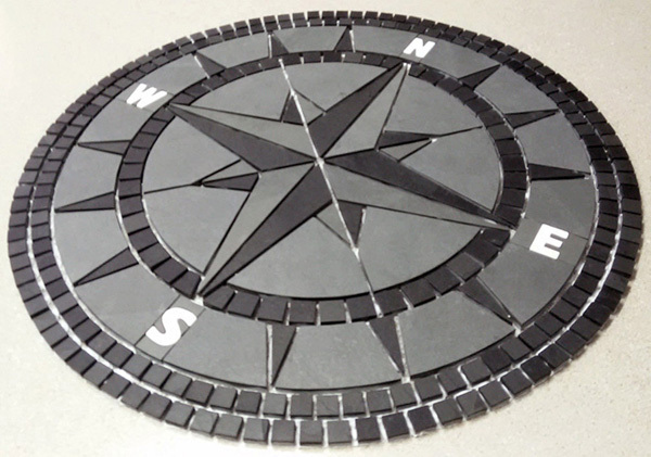 96″ Handcrafted Slate Tile Classic Compass Rose Mosaic Medallion Black & Gray