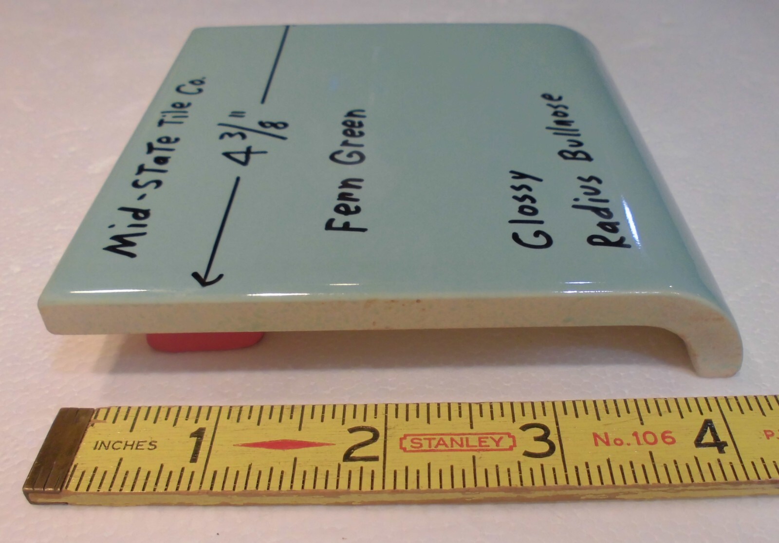 1 Fern Green: Radius Bullnose Ceramic Tile 4-3/8″ by Mid-State: Glossy Mud Caps