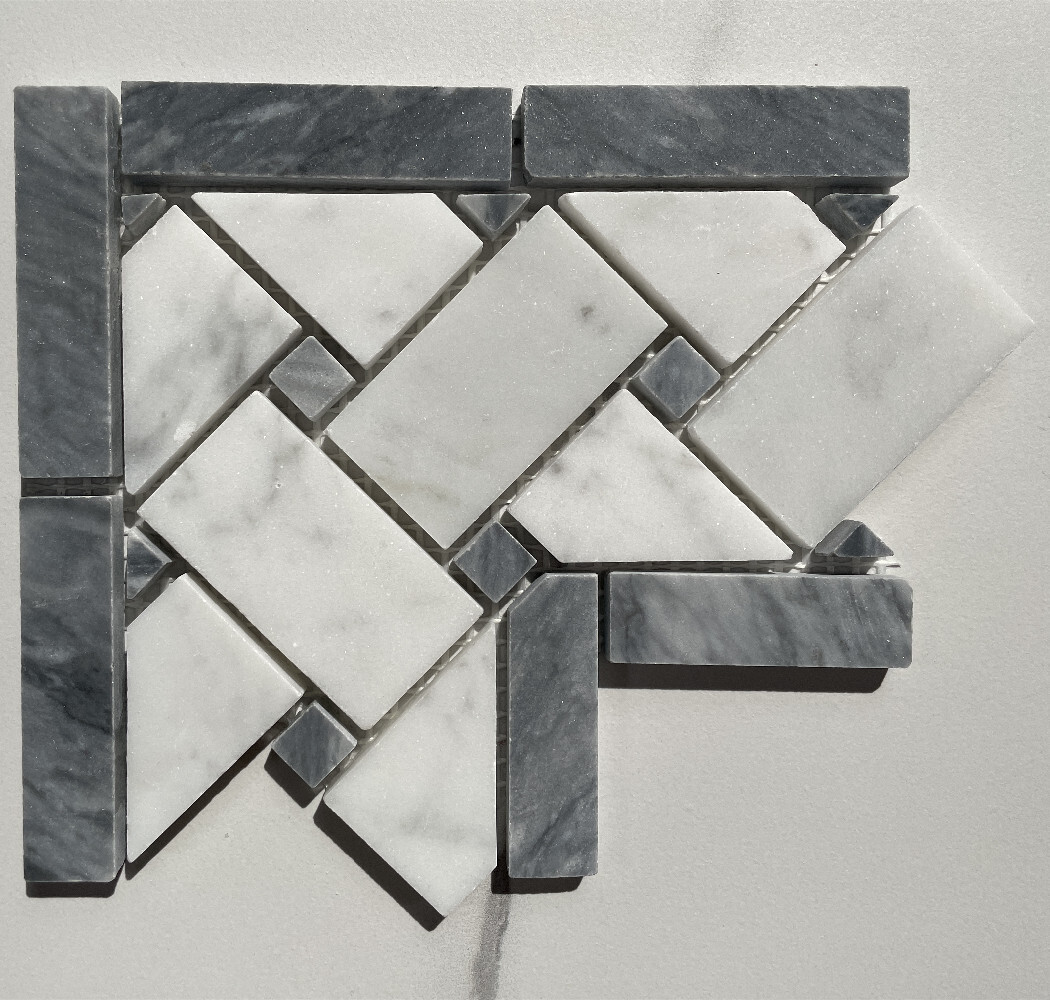 C657CXP Basketweave Mosaic Corner Carrara White Marble Dark Gray Dots Polished