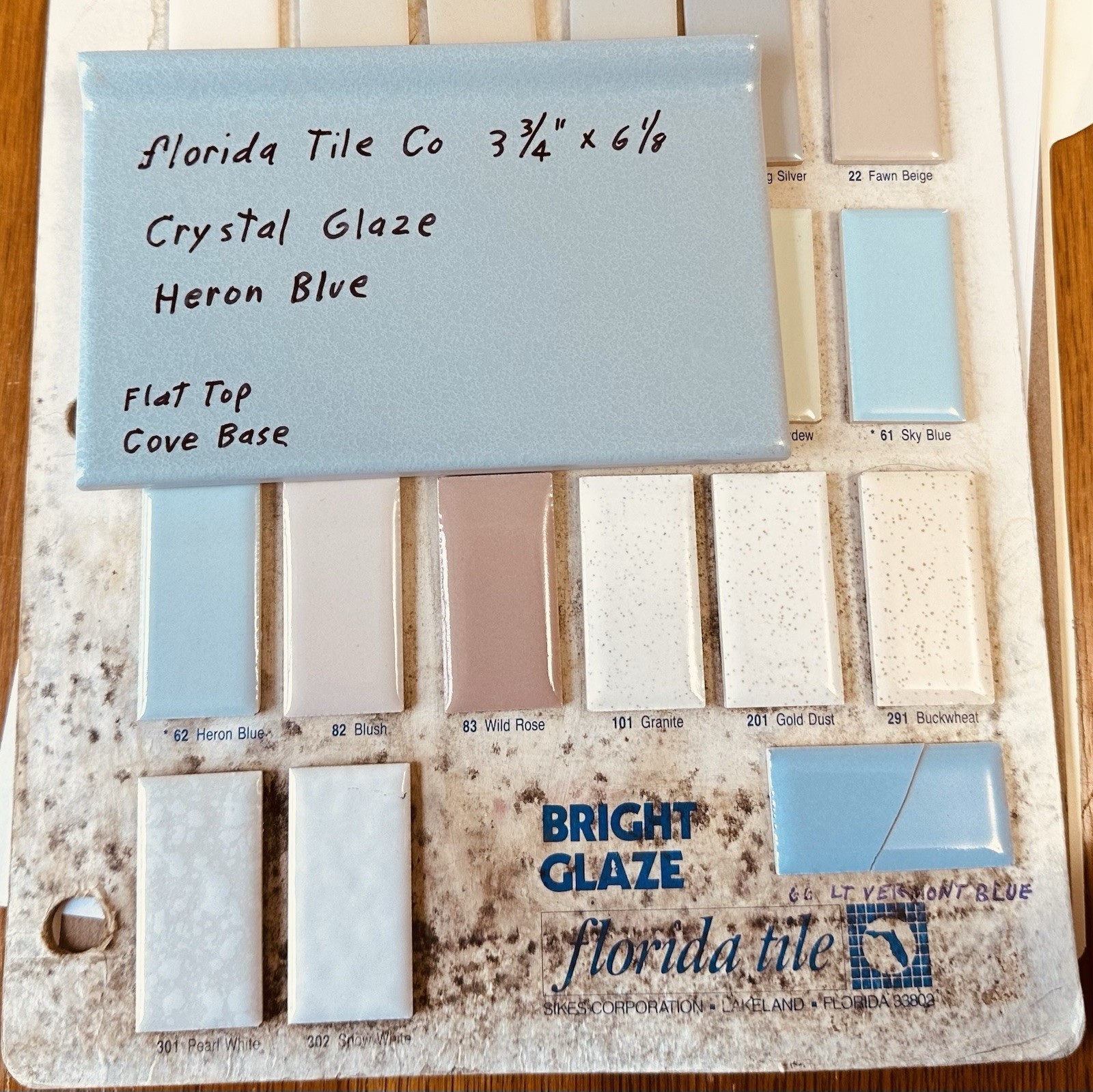 1 pc. Light Blue: 3-3/4″ X 6-1/8″ Ceramic Cove Base Tile, florida Co. Flat Top